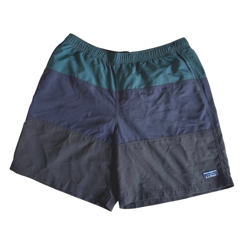 LLBean Mens XL Nylon Shorts ColorBlock Lined Drawstring Navy/Teal/Black EUC